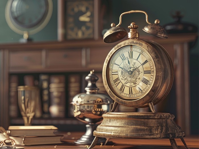 Old alarm clock on a desk.