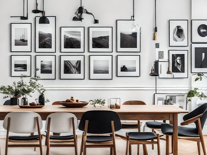 A gallery wall sets the background for a dining room table.